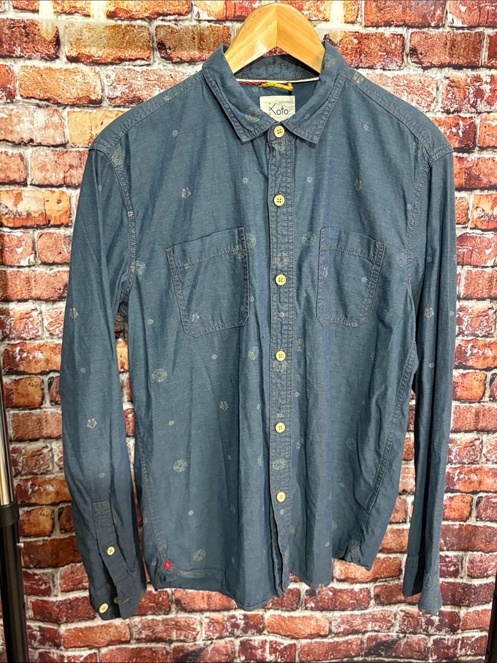 Koto Men's medium blue Button-Up Long Sleeve Shirt pockets southwestern design
